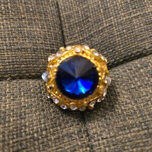 Beautiful BLUE  Oversize Faux Sapphire and Zirconia Gold Tone Ring Size 6.5